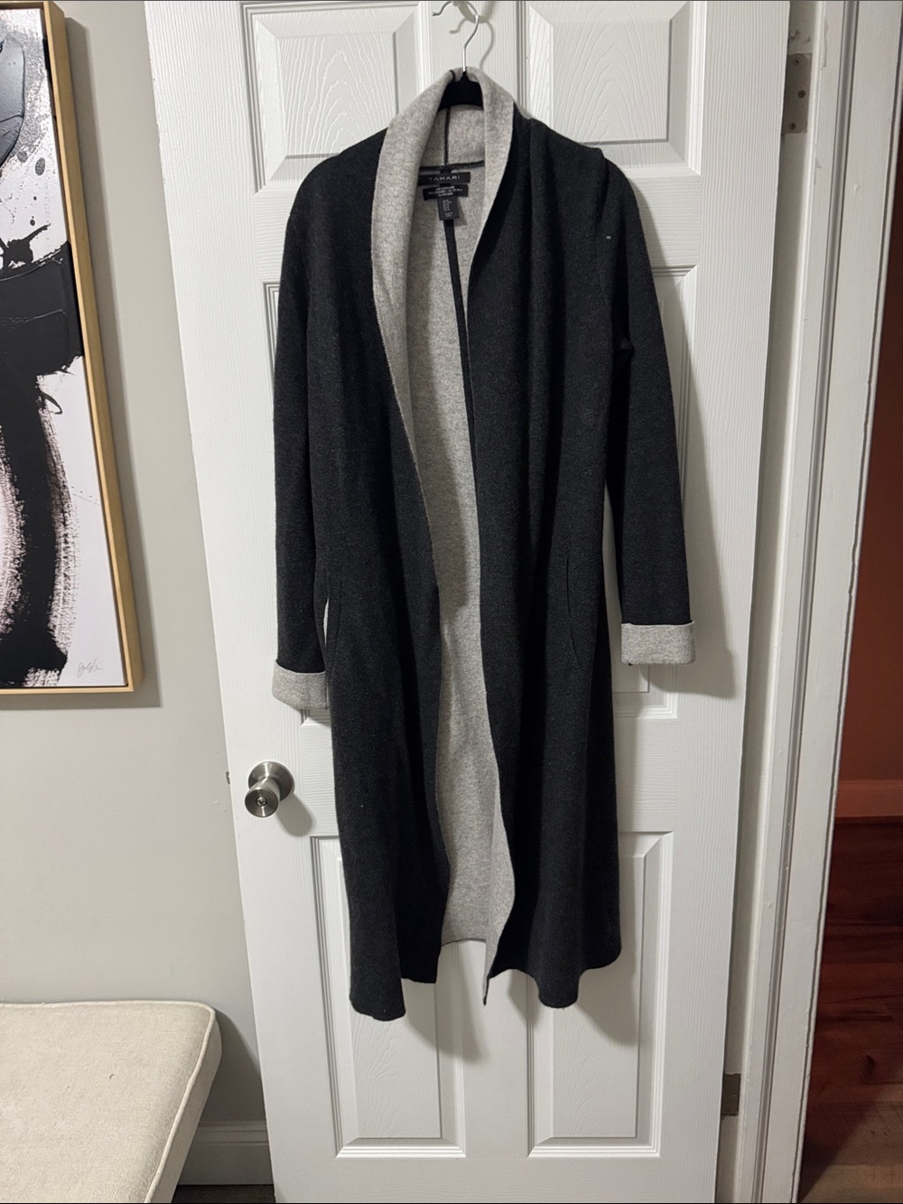 Tahari CASHMERE Cardigan with Light Gray Trim Open Front